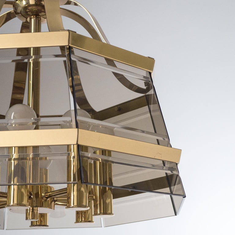 Octagonal Brass Chandelier, 1980s, Smoked Glass For Sale 5