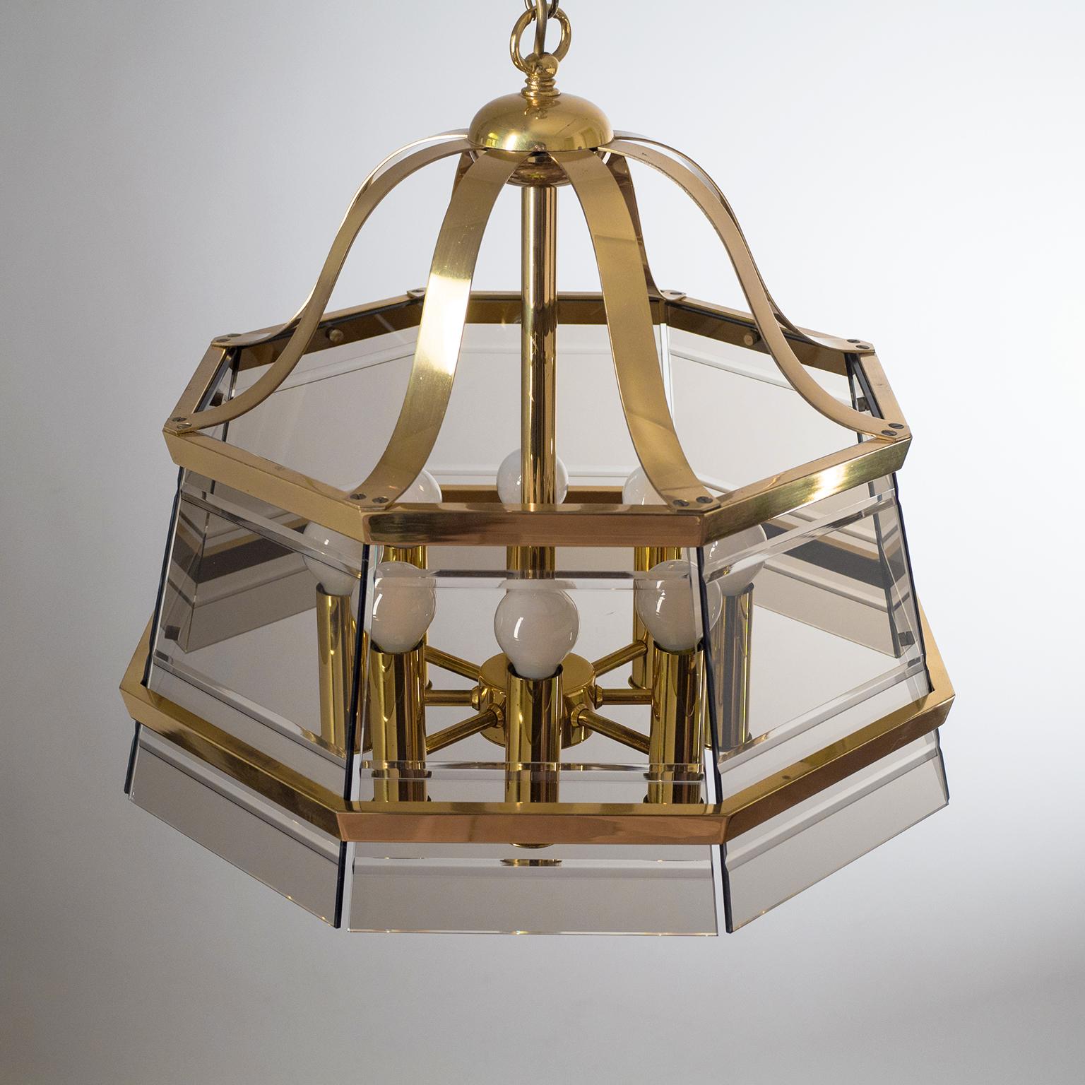 Octagonal Brass Chandelier, 1980s, Smoked Glass For Sale 3