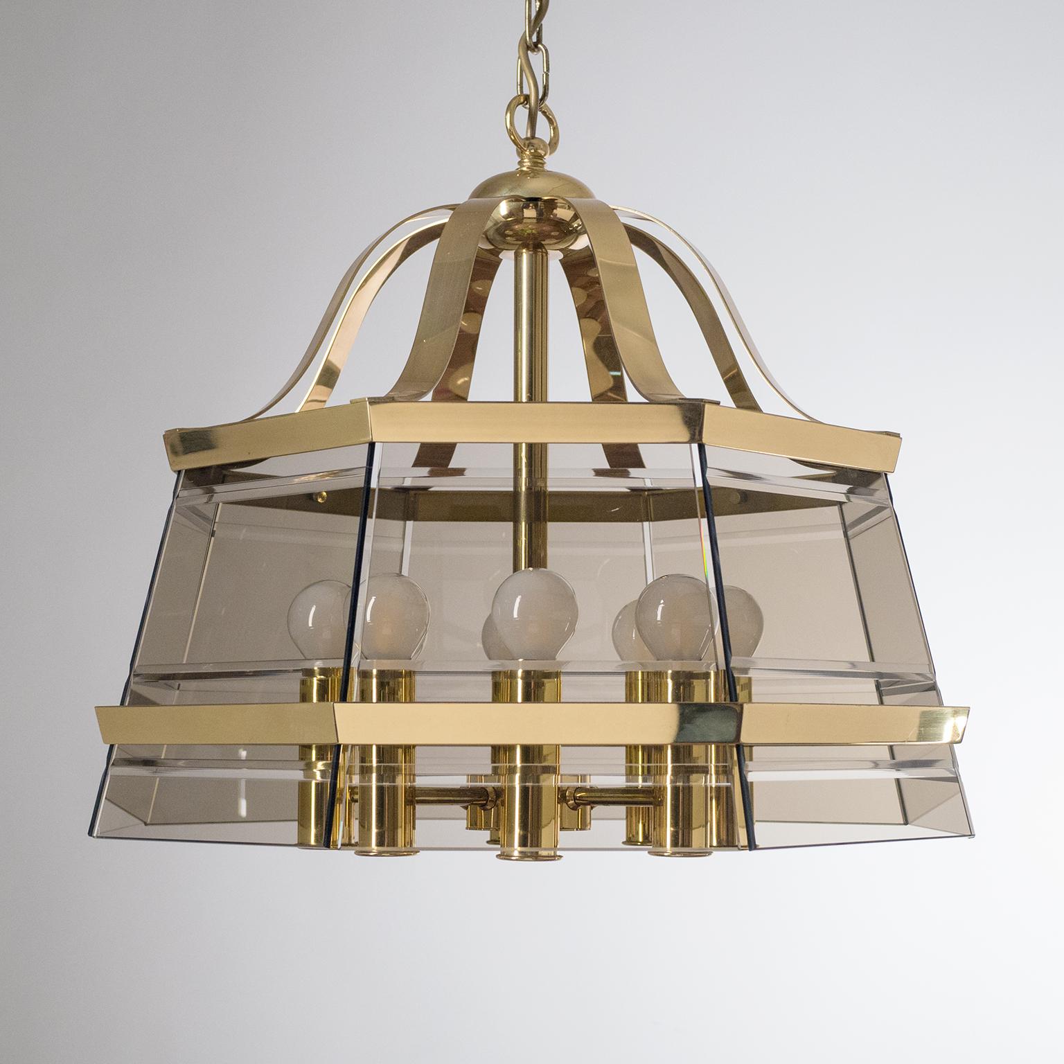 Octagonal Brass Chandelier, 1980s, Smoked Glass For Sale 4