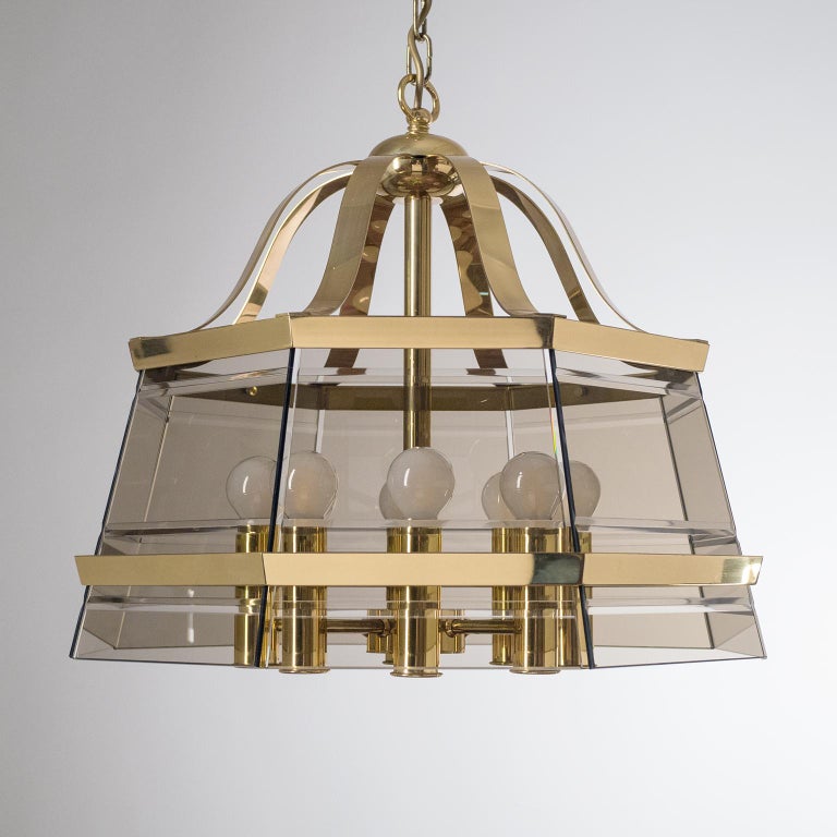 Octagonal Brass Chandelier, 1980s, Smoked Glass For Sale 7