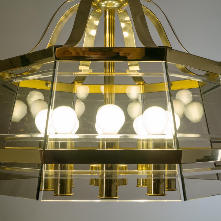 Octagonal Brass Chandelier, 1980s, Smoked Glass For Sale 8