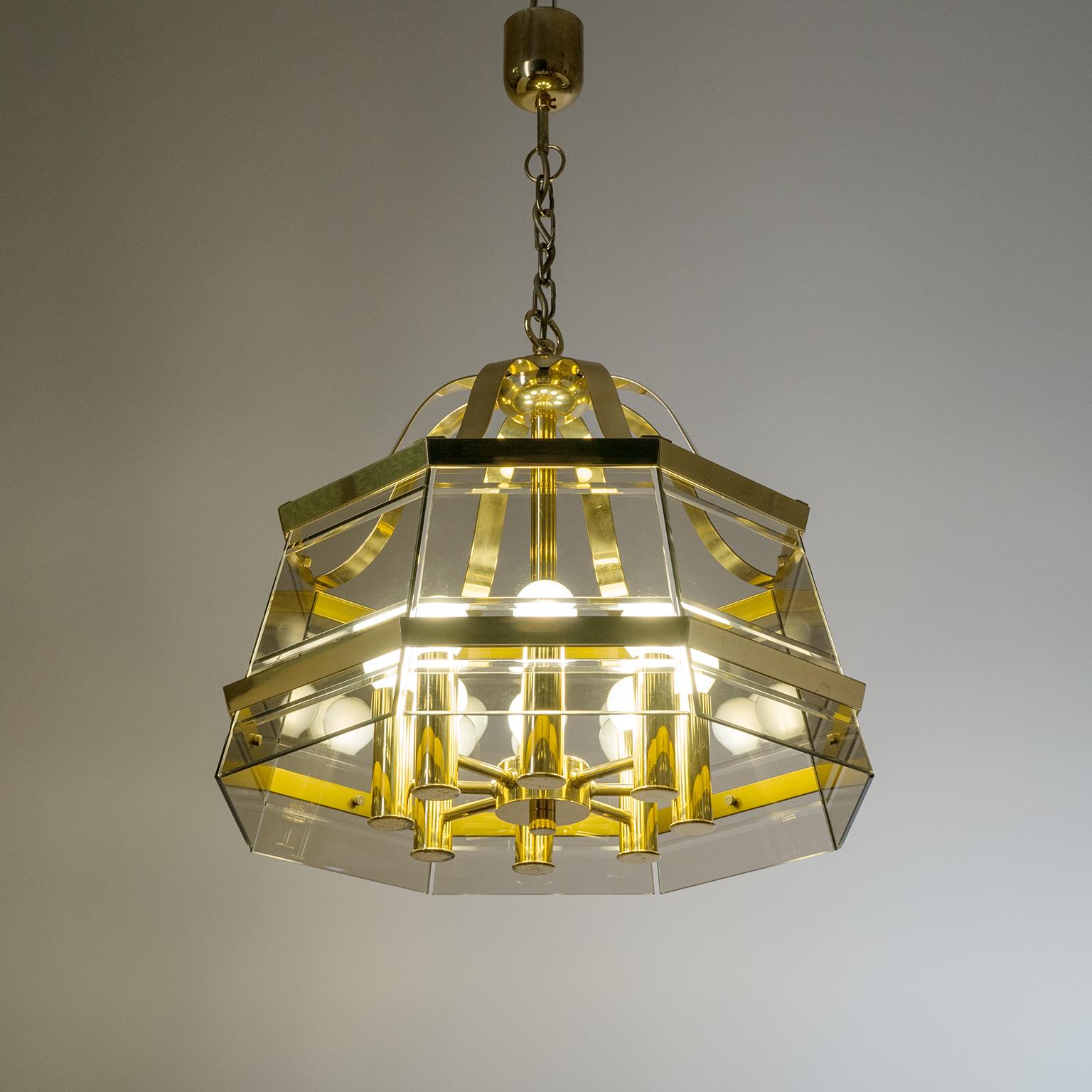 Octagonal Brass Chandelier, 1980s, Smoked Glass For Sale 6