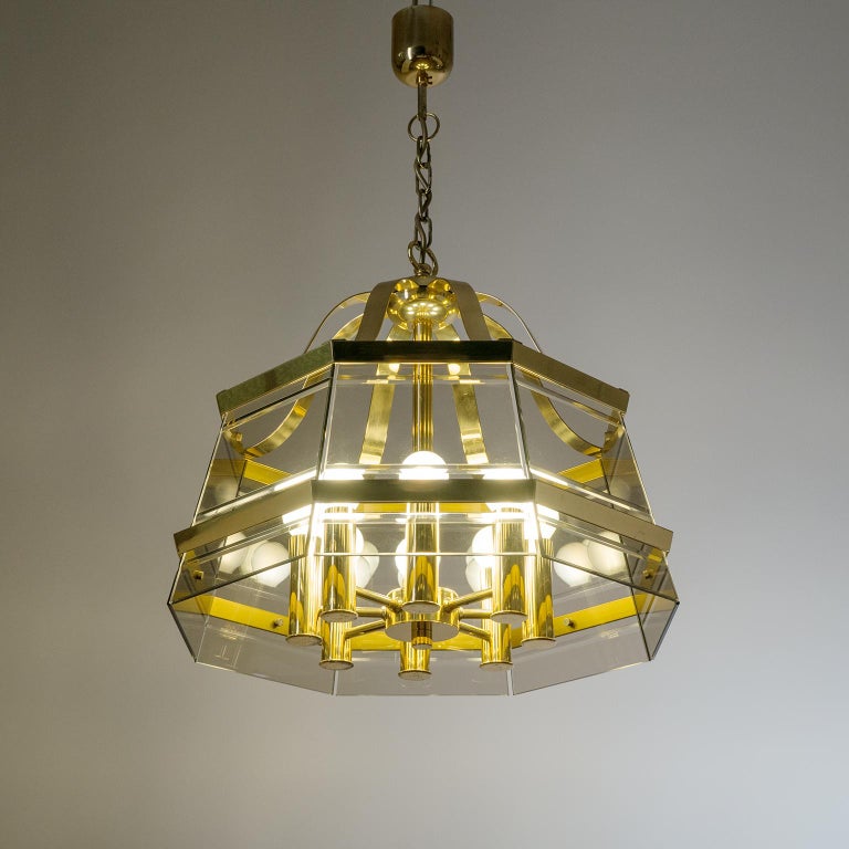 Octagonal Brass Chandelier, 1980s, Smoked Glass For Sale 9