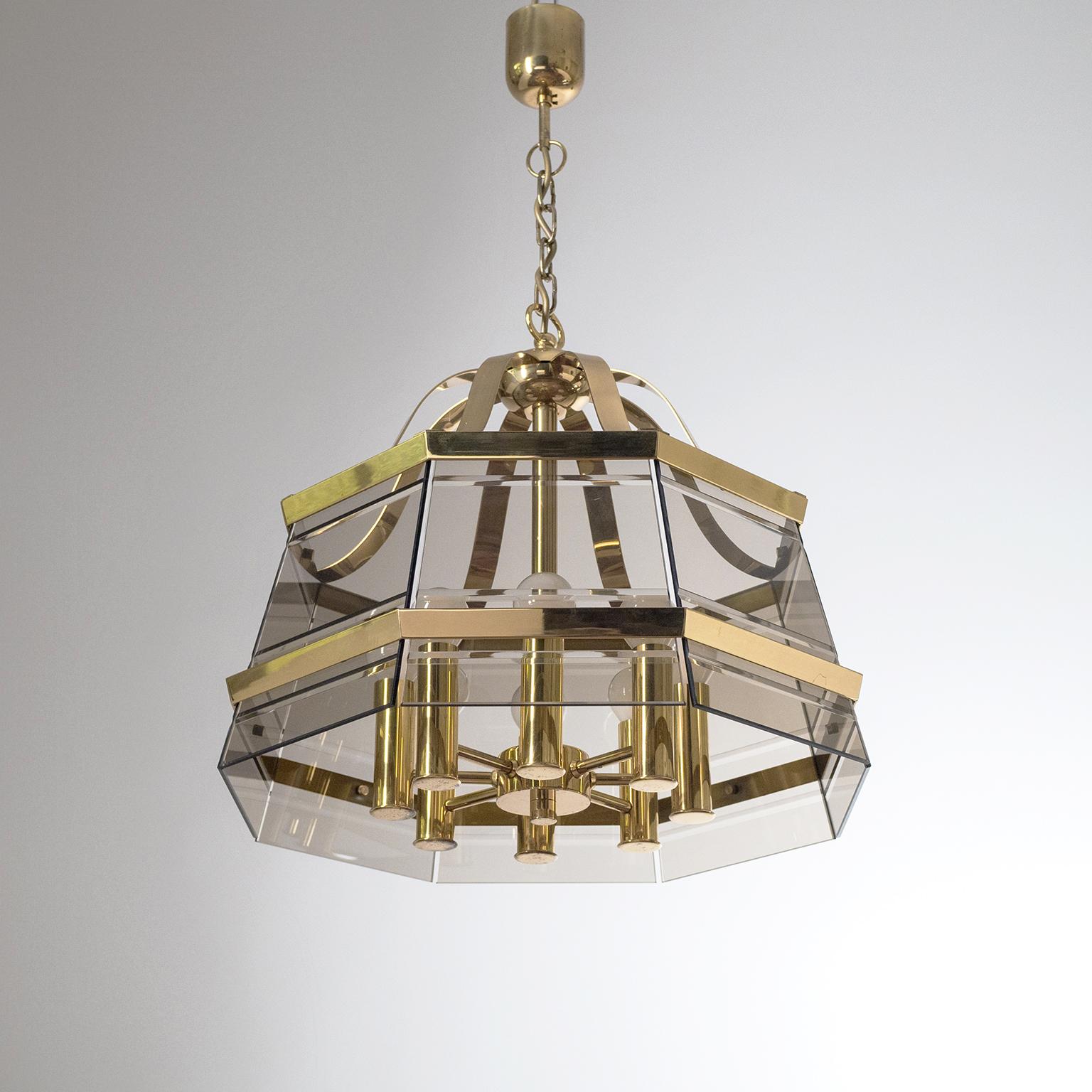 Octagonal Brass Chandelier, 1980s, Smoked Glass For Sale 7