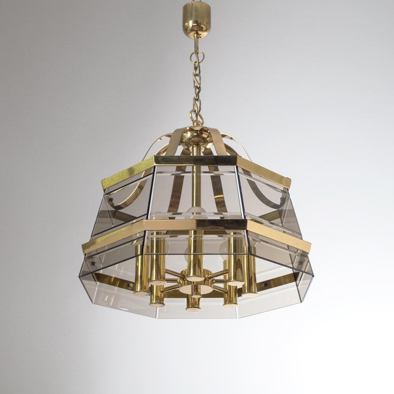 Octagonal Brass Chandelier, 1980s, Smoked Glass For Sale 10