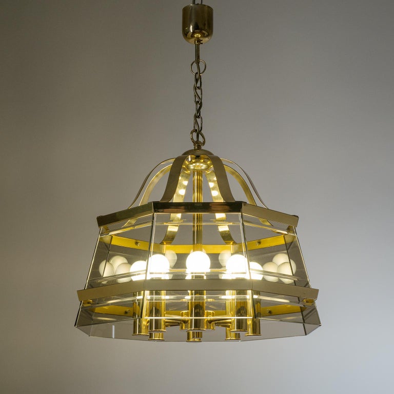 Hollywood Regency Octagonal Brass Chandelier, 1980s, Smoked Glass For Sale