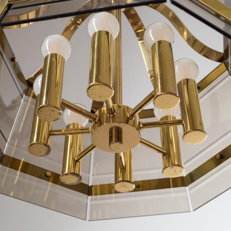Octagonal Brass Chandelier, 1980s, Smoked Glass In Good Condition For Sale In Vienna, AT