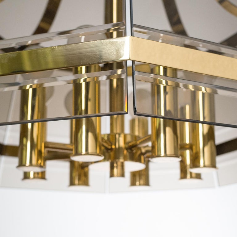 Late 20th Century Octagonal Brass Chandelier, 1980s, Smoked Glass For Sale