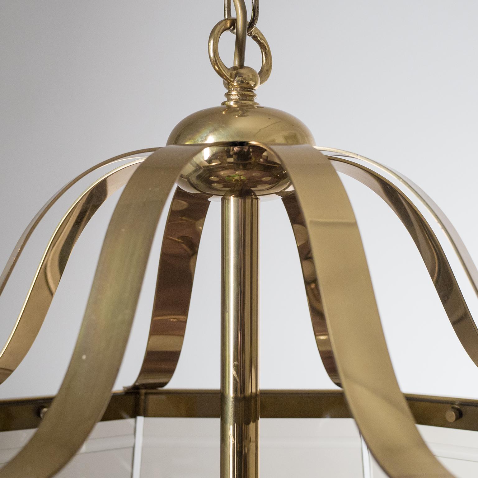 Italian Octagonal Brass Chandelier, 1980s, Smoked Glass For Sale