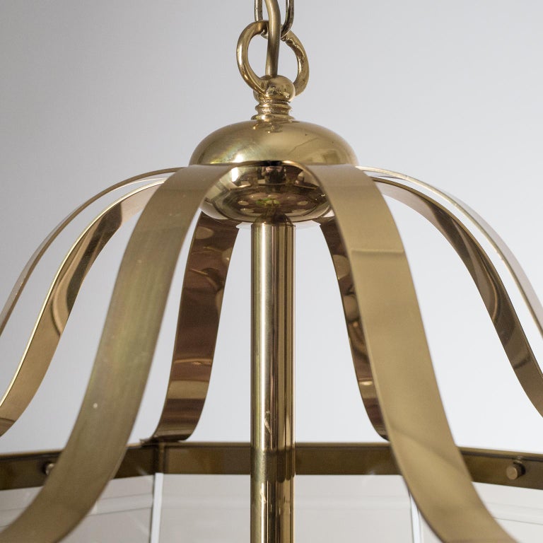 Octagonal Brass Chandelier, 1980s, Smoked Glass For Sale 1