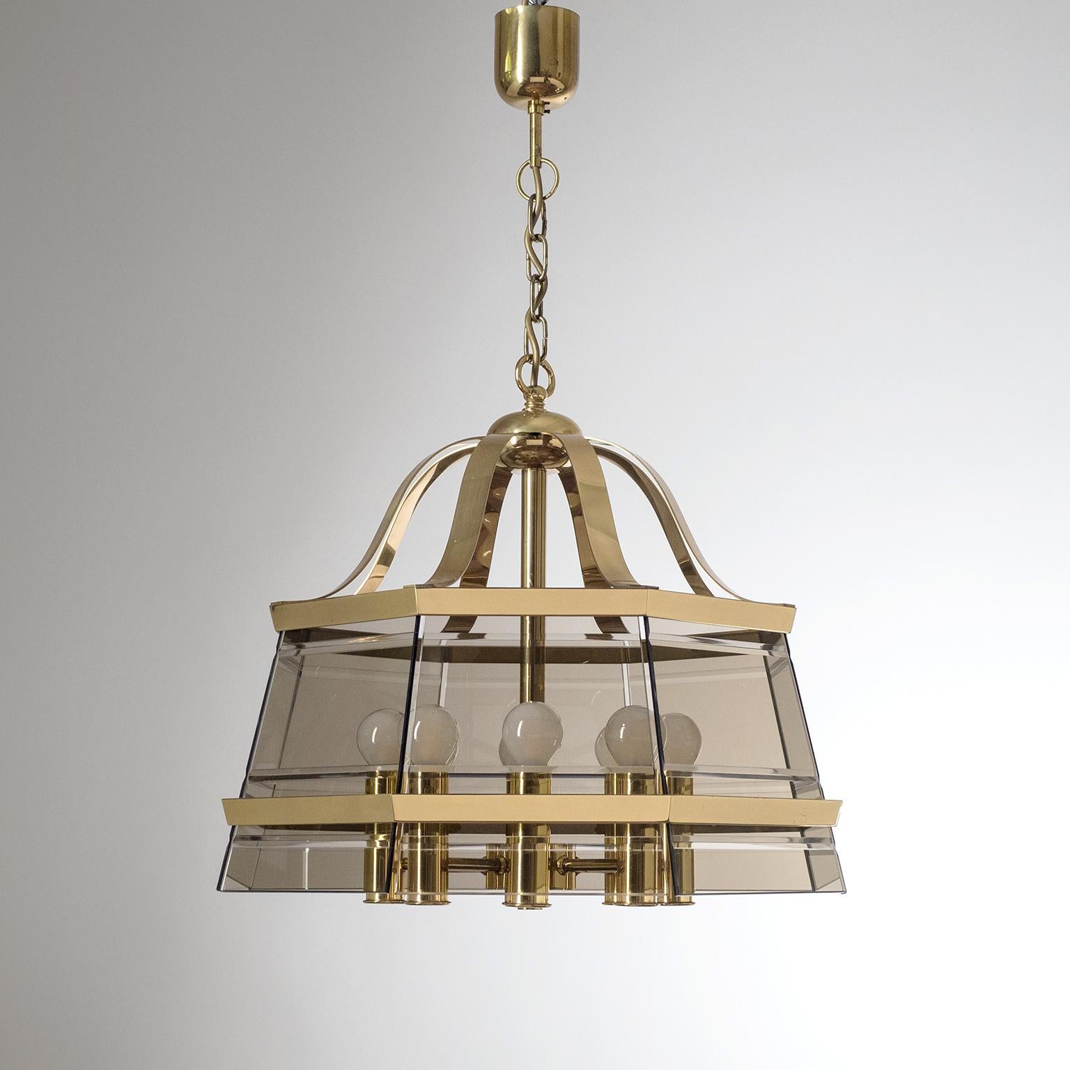 Octagonal Brass Chandelier, 1980s, Smoked Glass In Good Condition For Sale In Vienna, AT
