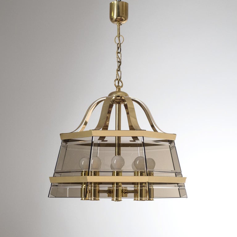 Octagonal Brass Chandelier, 1980s, Smoked Glass For Sale 2