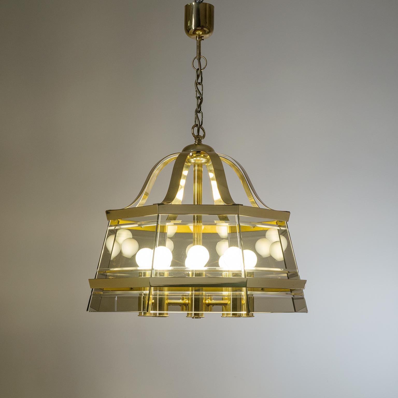 Late 20th Century Octagonal Brass Chandelier, 1980s, Smoked Glass For Sale
