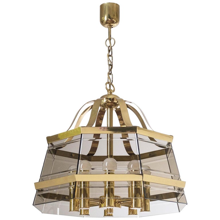 Octagonal Brass Chandelier, 1980s, Smoked Glass For Sale