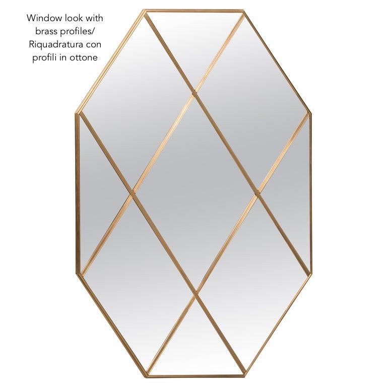 Contemporary Octagonal Brass Frame Window Look Smoked Glass Customizable Mirror 110 X 160 cm For Sale