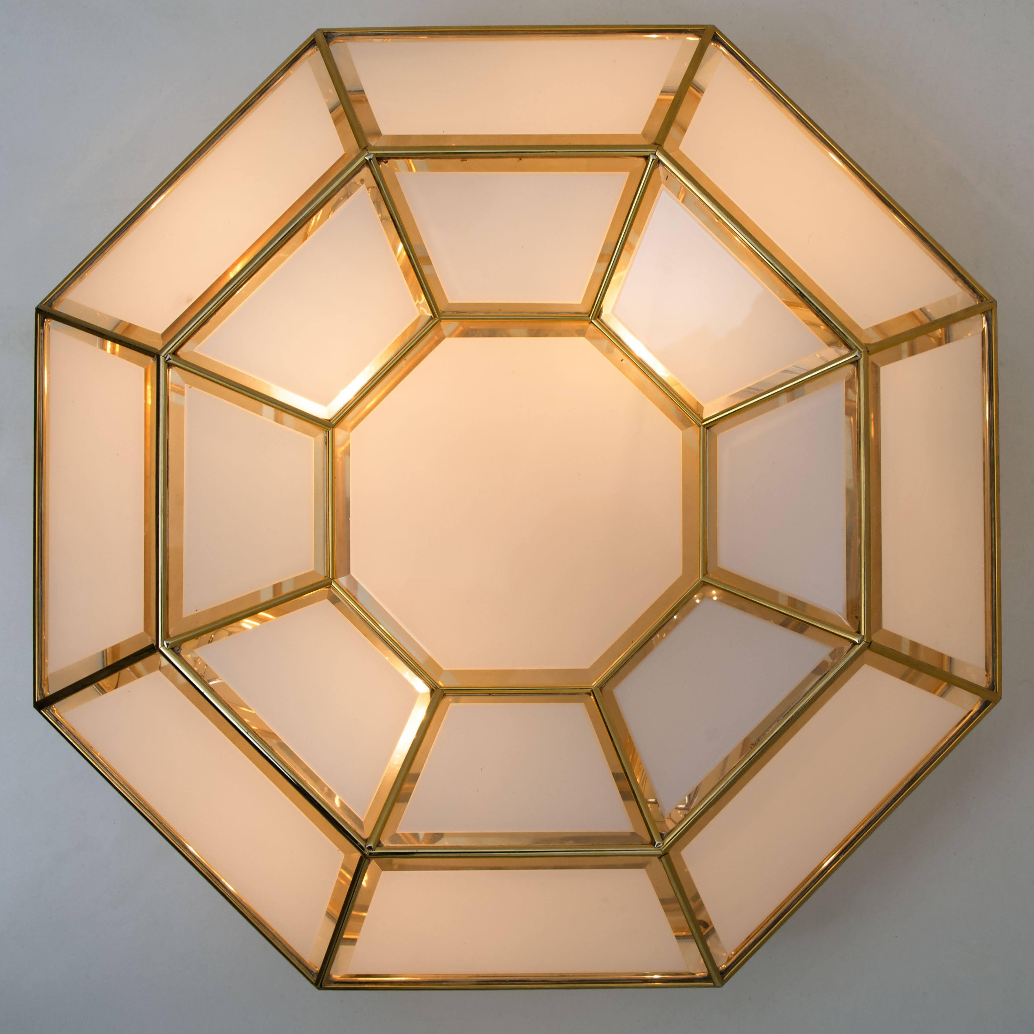 European Octagonal Brass Glass Flush Mounts or Wall Lights 1970