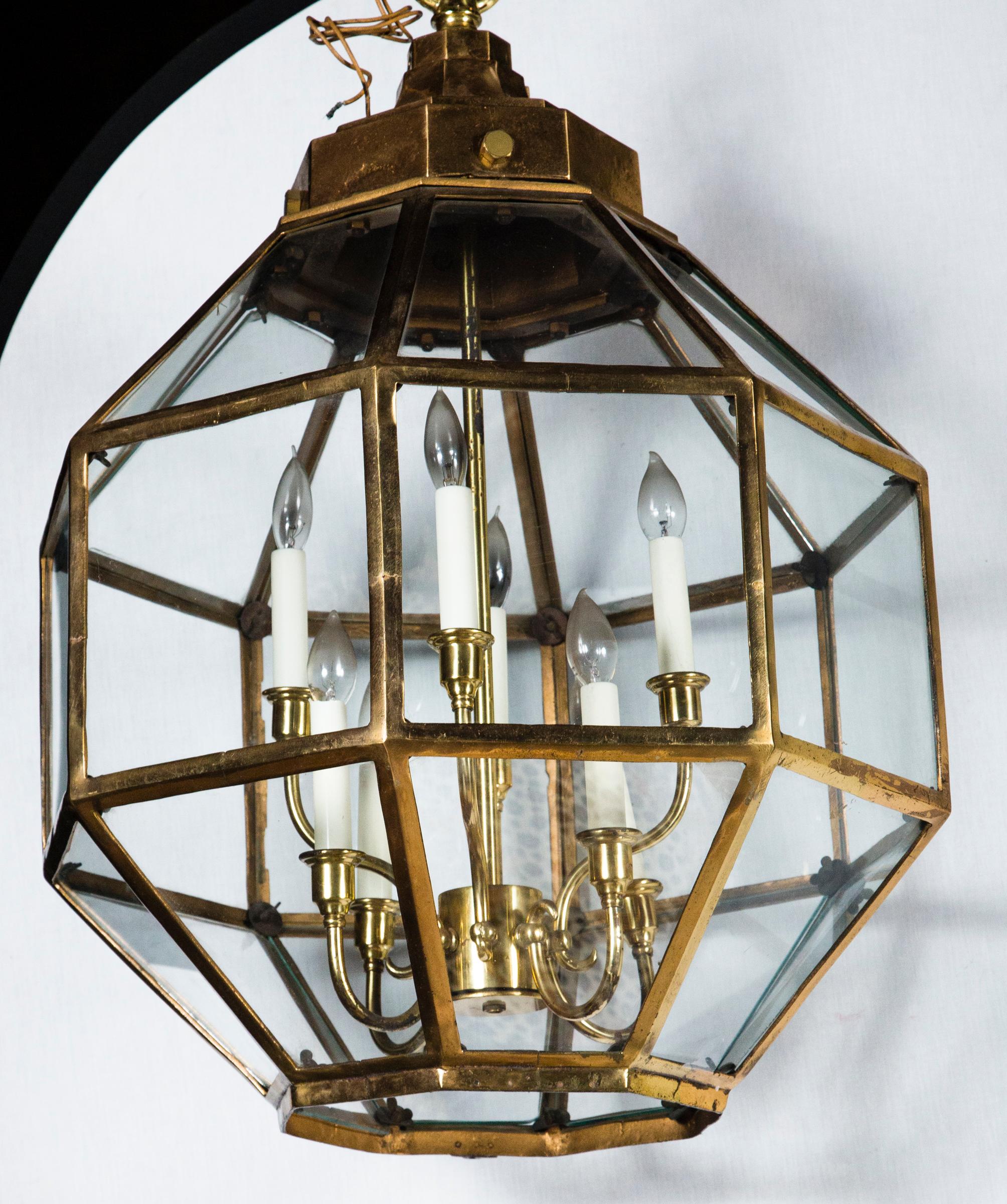 24 pane octagonal brass lantern. Eight lights, two tiers of four lights. Very heavy substantial piece. Old new stock, circa 1960s.