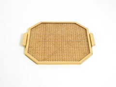 Octagonal Brass Serving Tray in Christian Dior Style, Lucite/Wicker, Italy 1970s