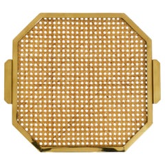 Octagonal Brass Serving Tray in Christian Dior Style, Lucite/Wicker, Italy 1970s