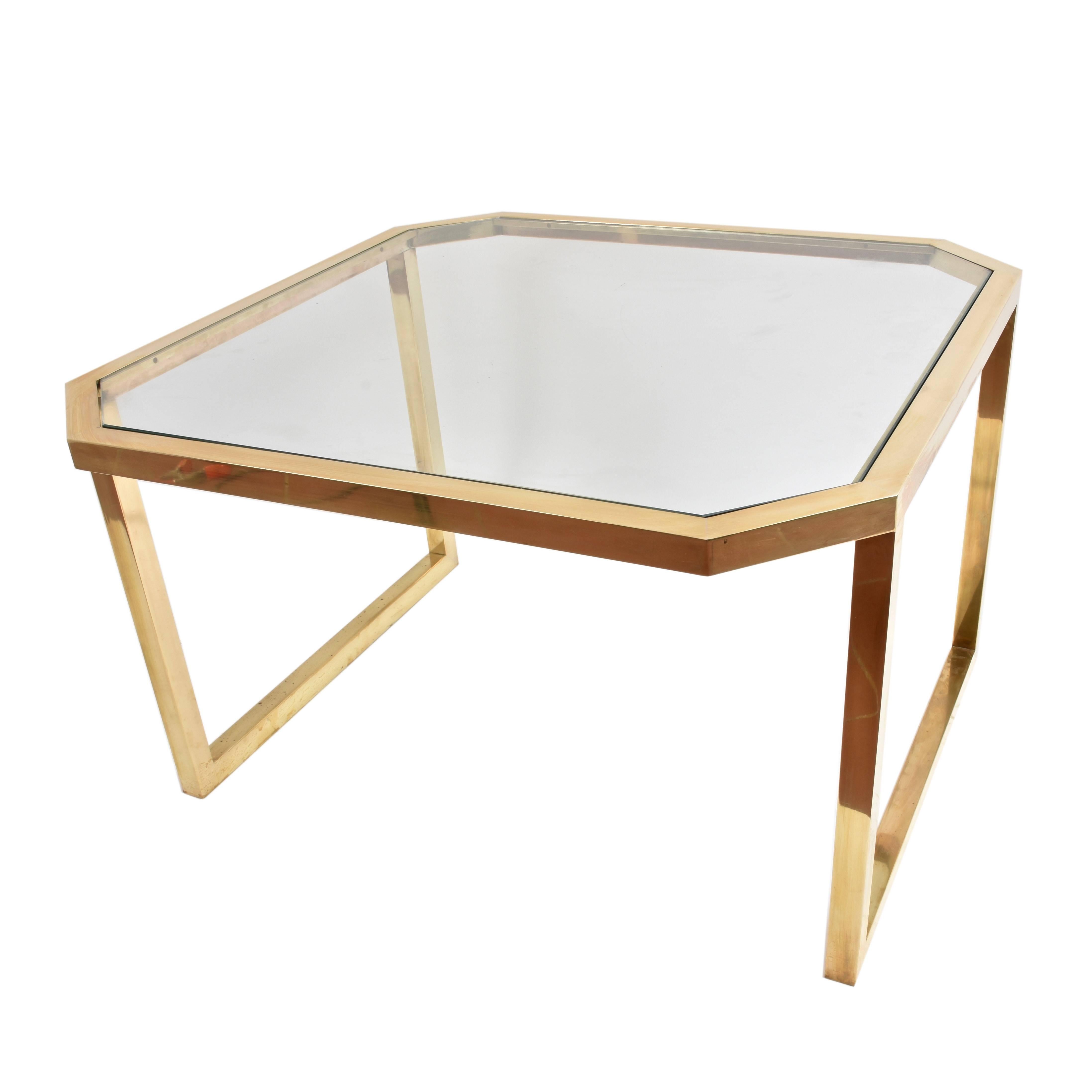 Italian Octagonal Brass Table and Glass Top, Italy, 1970s, Mid-Century Modern