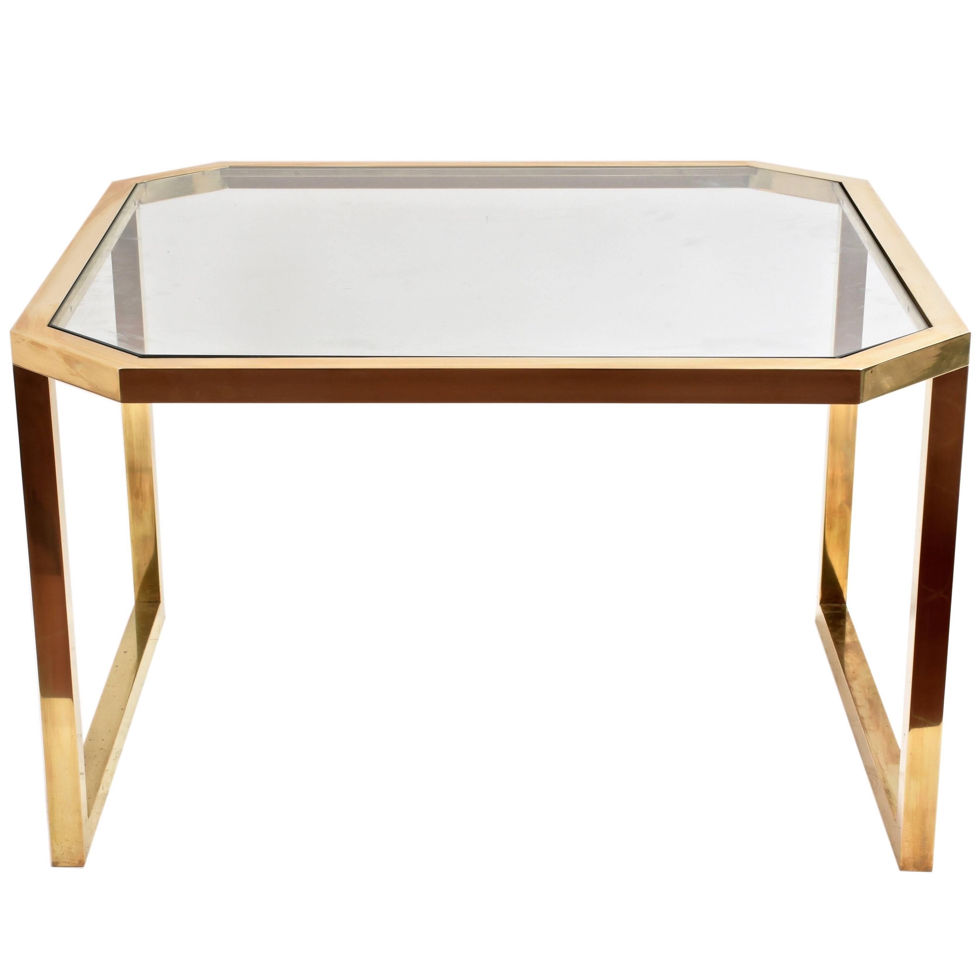 Octagonal Brass Table and Glass Top, Italy, 1970s, Mid-Century Modern