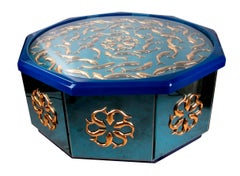 Octagonal Brass Table with Glass, Fish Decoration and Glass Top