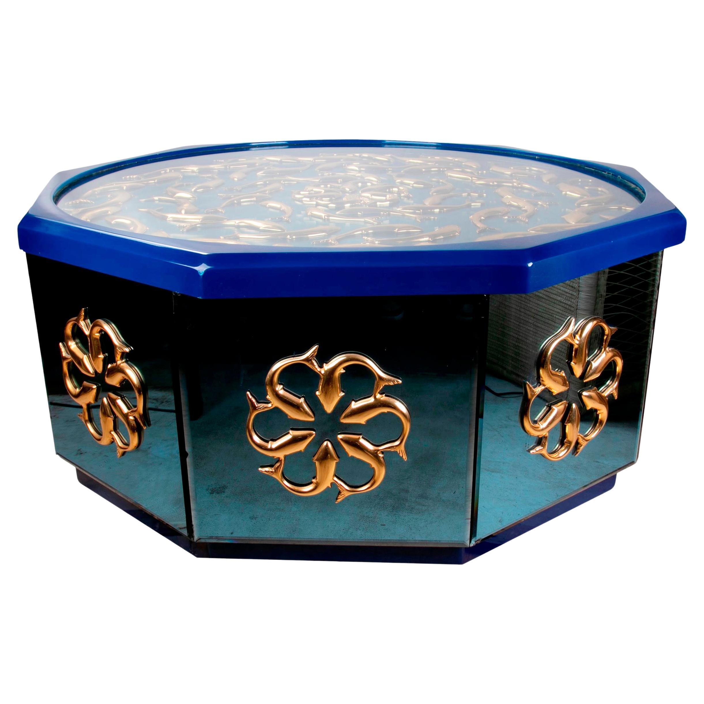 Octagonal Brass Table with Glass, Fish Decoration and Glass Top For Sale