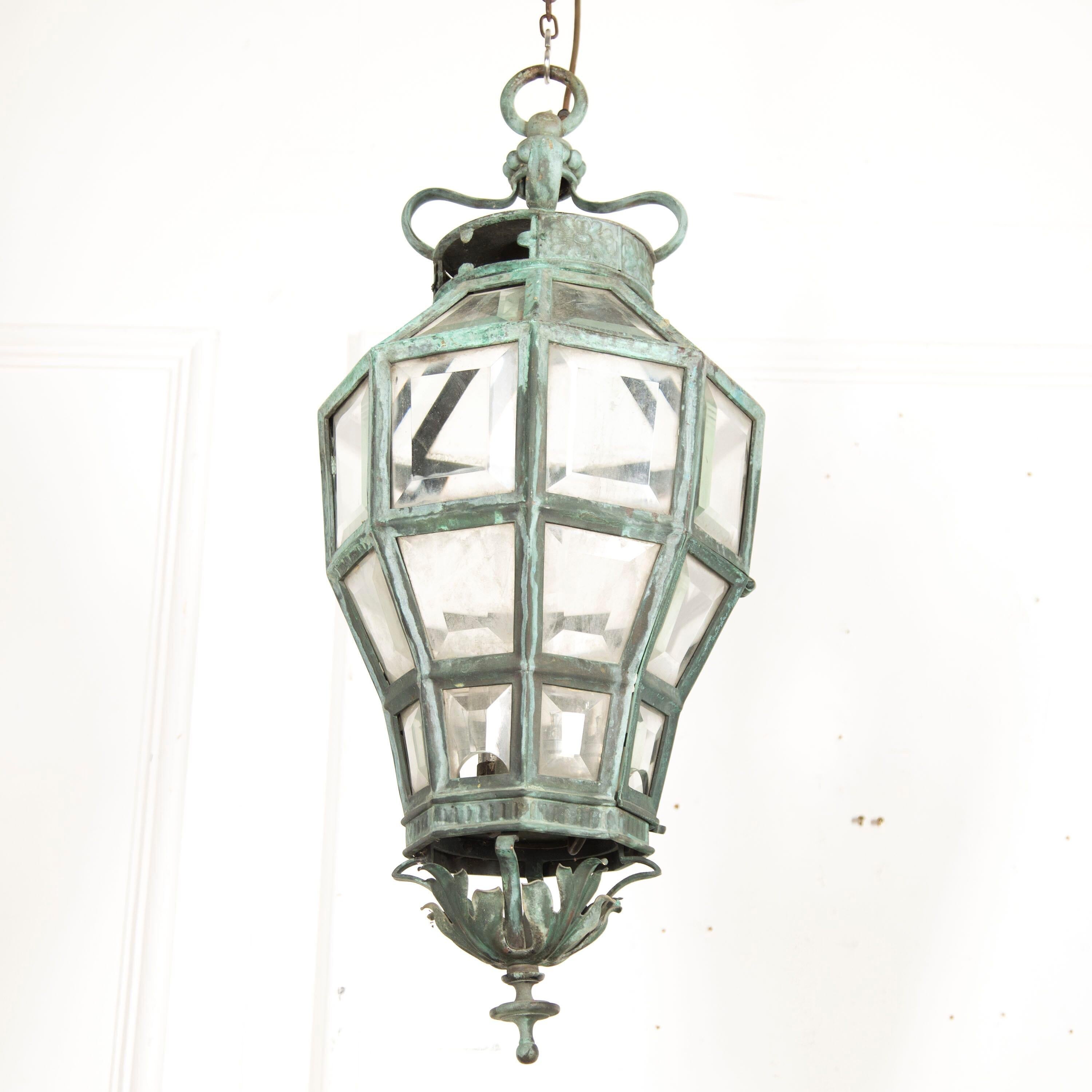 Late 19th century Italian octagonal bronze lantern with faceted glass.