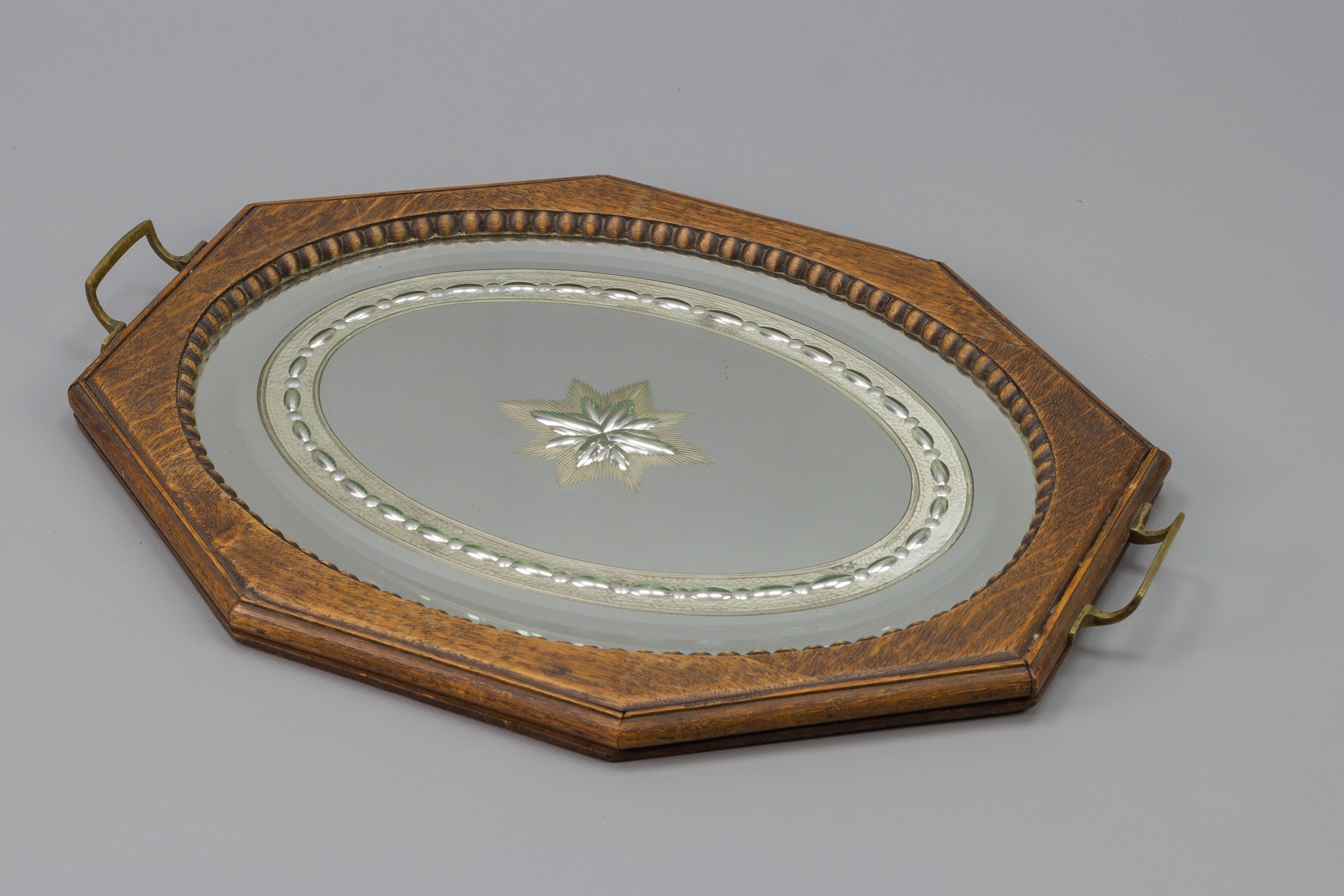 Octagonal Brown Wood Serving Tray with Oval Etched Mirror Base For Sale 1