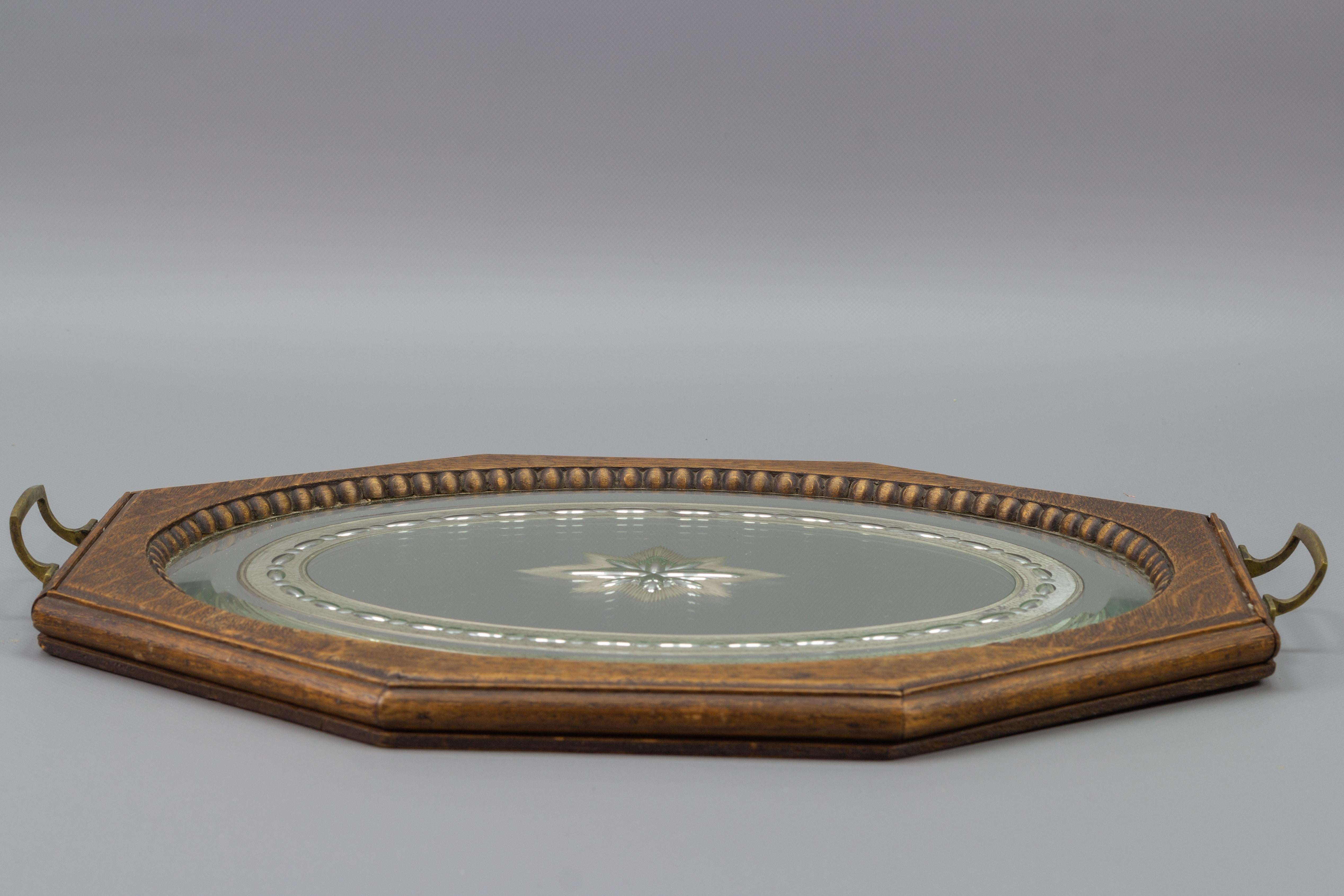 Brass Octagonal Brown Wood Serving Tray with Oval Etched Mirror Base For Sale