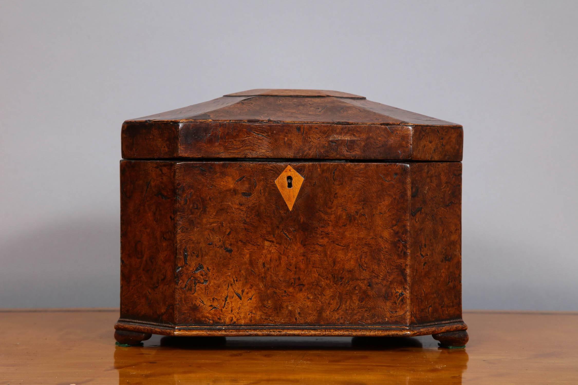 Feine englische achteckige Teedose aus reich gemasertem Holz, der facettierte Deckel mit massiver Kappe, das Innere mit zwei Deckeln, die die originalen gedrehten Knochenknöpfe beibehalten, stehend auf kleinen eckigen Klammerfüßen, das Ganze mit