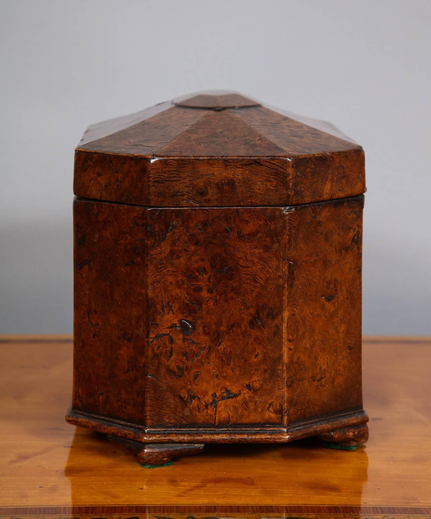 English Octagonal Burl Oak Tea Caddy For Sale