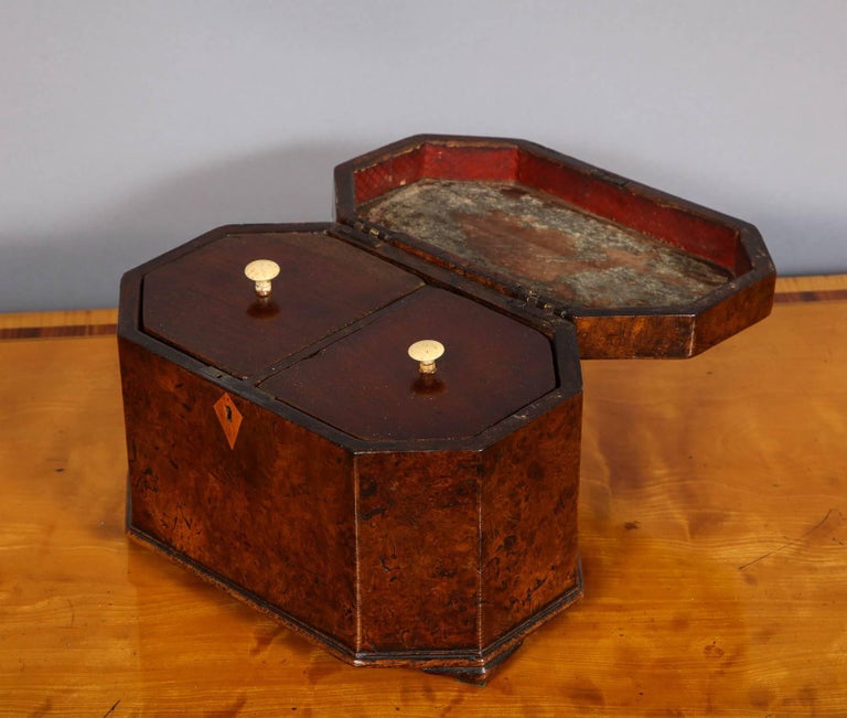 18th Century Octagonal Burl Oak Tea Caddy For Sale
