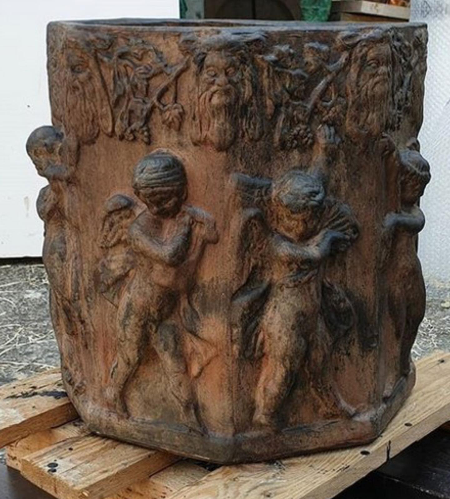 Modern Octagonal Cachepot with Putti in Tuscan Terracotta 20th Century