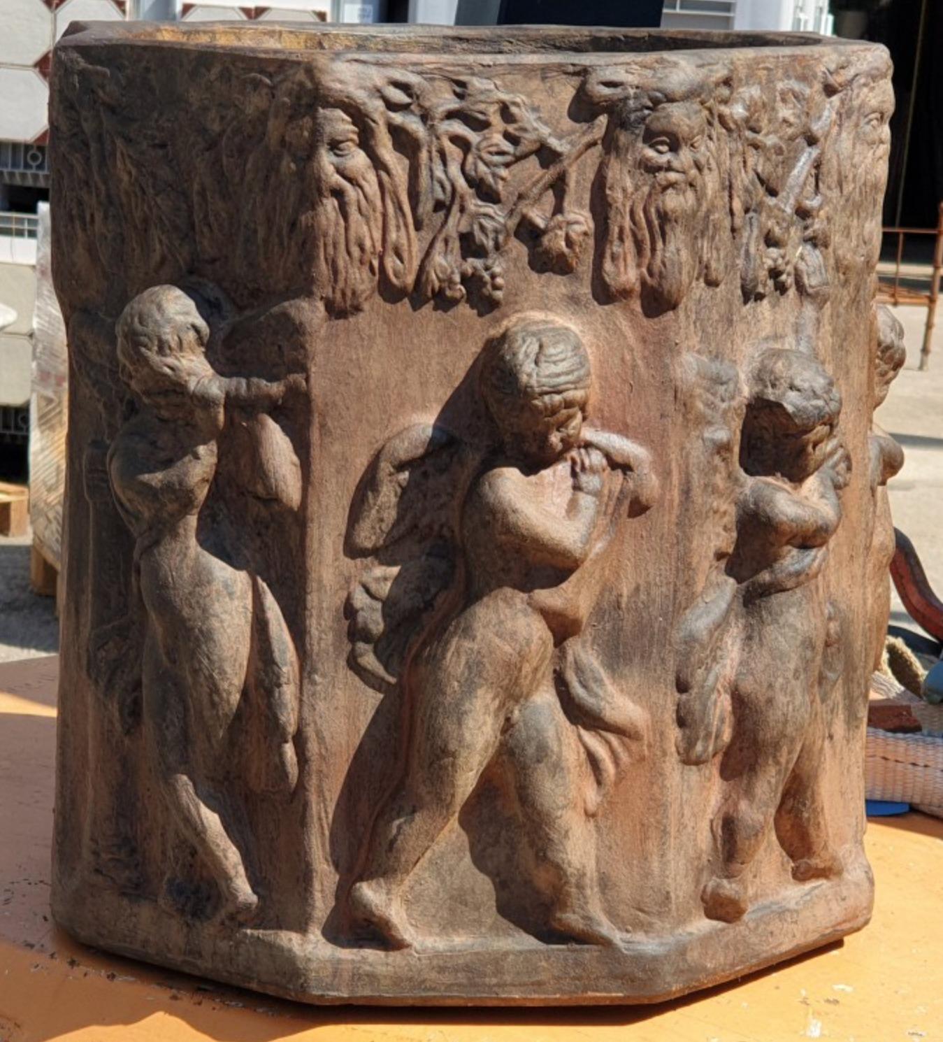 Italian Octagonal Cachepot with Putti in Tuscan Terracotta 20th Century