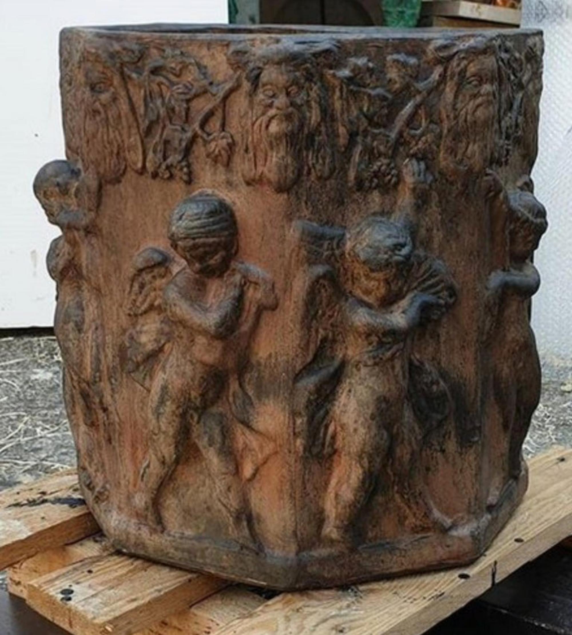 Italian Octagonal Cachepot with Putti in Tuscan Terracotta, 20th Century For Sale