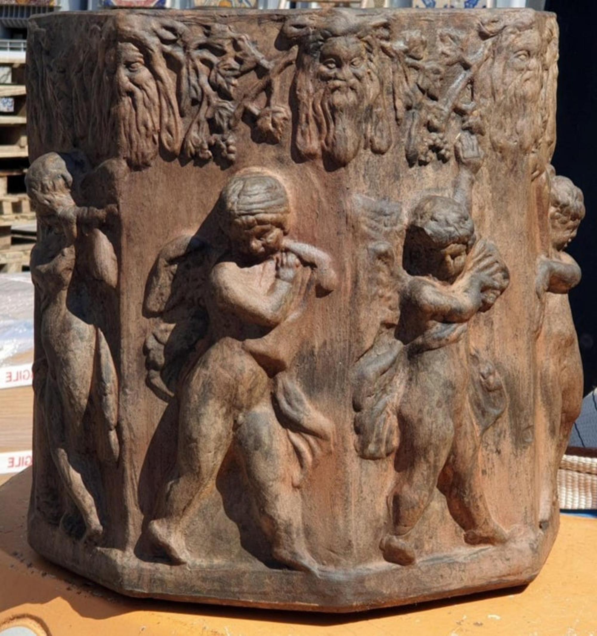 Hand-Carved Octagonal Cachepot with Putti in Tuscan Terracotta, 20th Century For Sale