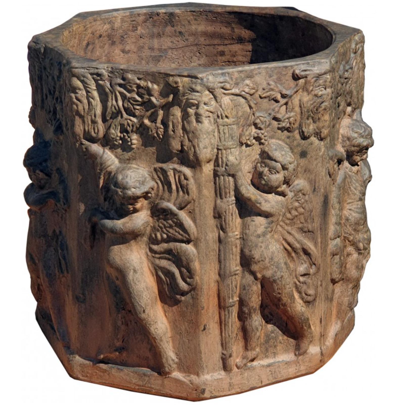 Octagonal Cachepot with Putti in Tuscan Terracotta 20th Century 1