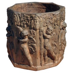 Octagonal Cachepot with Putti in Tuscan Terracotta 20th Century
