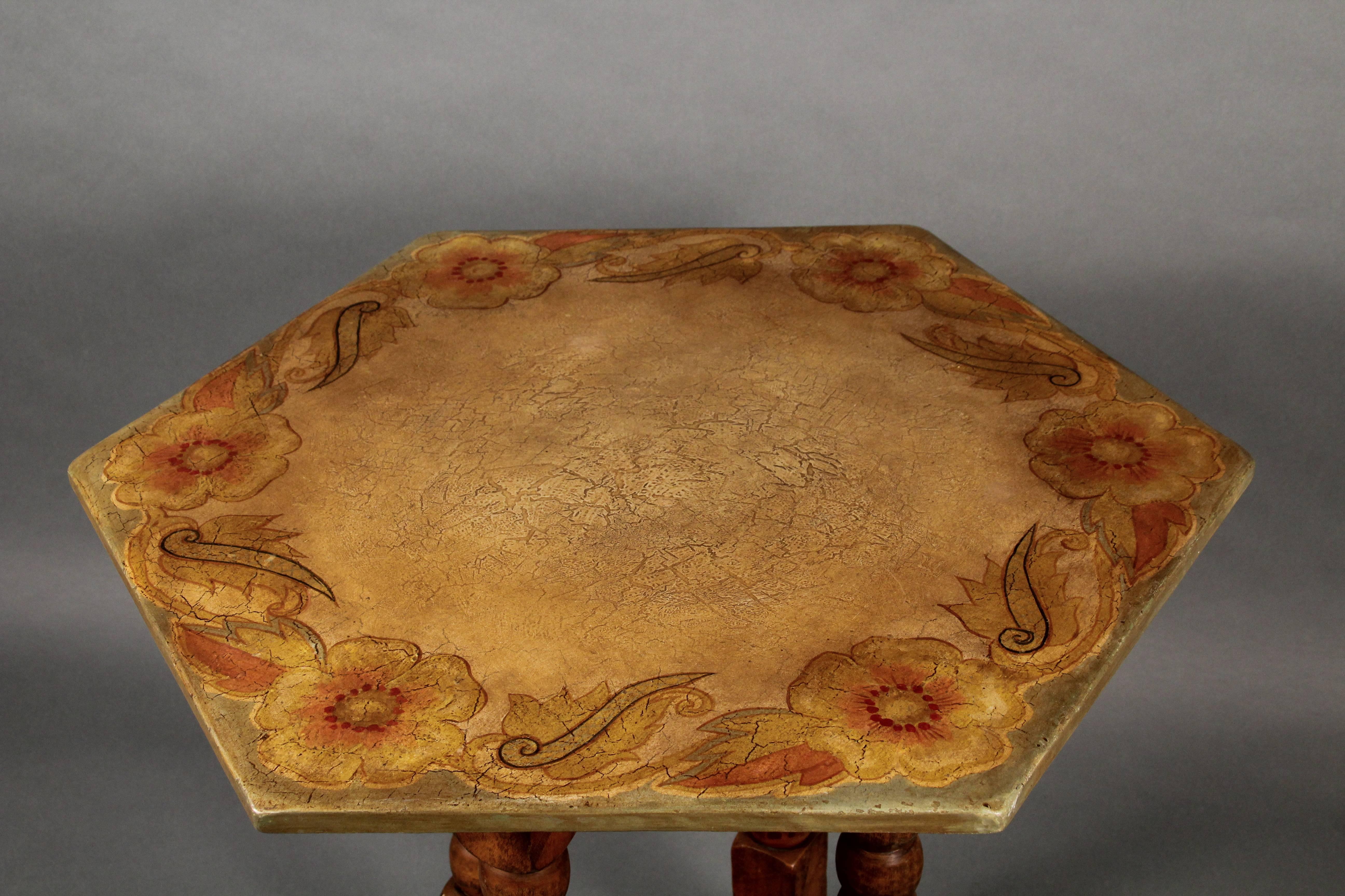 Signed Monterey Spanish revival table with floral painted top over straw ivory finish.