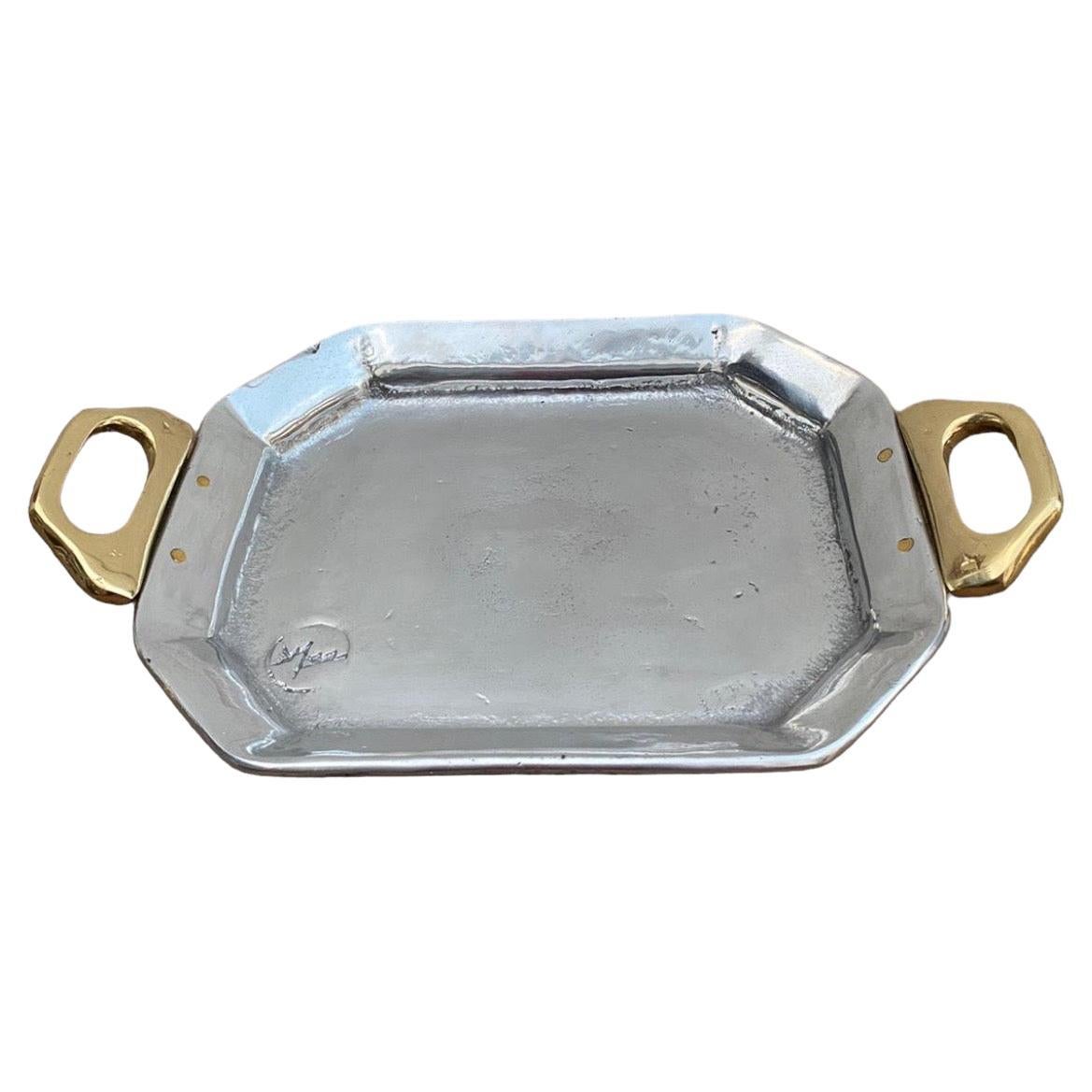Octagonal Card Tray E006 Silver and Gold Desk Tray Handmade in Spain For Sale