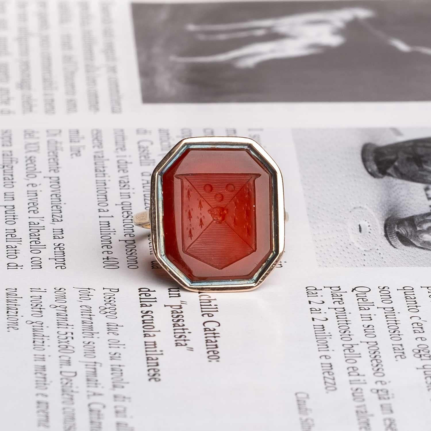 Octagonal Carnelian Intaglio 18 Carat Gold Ring For Sale 2