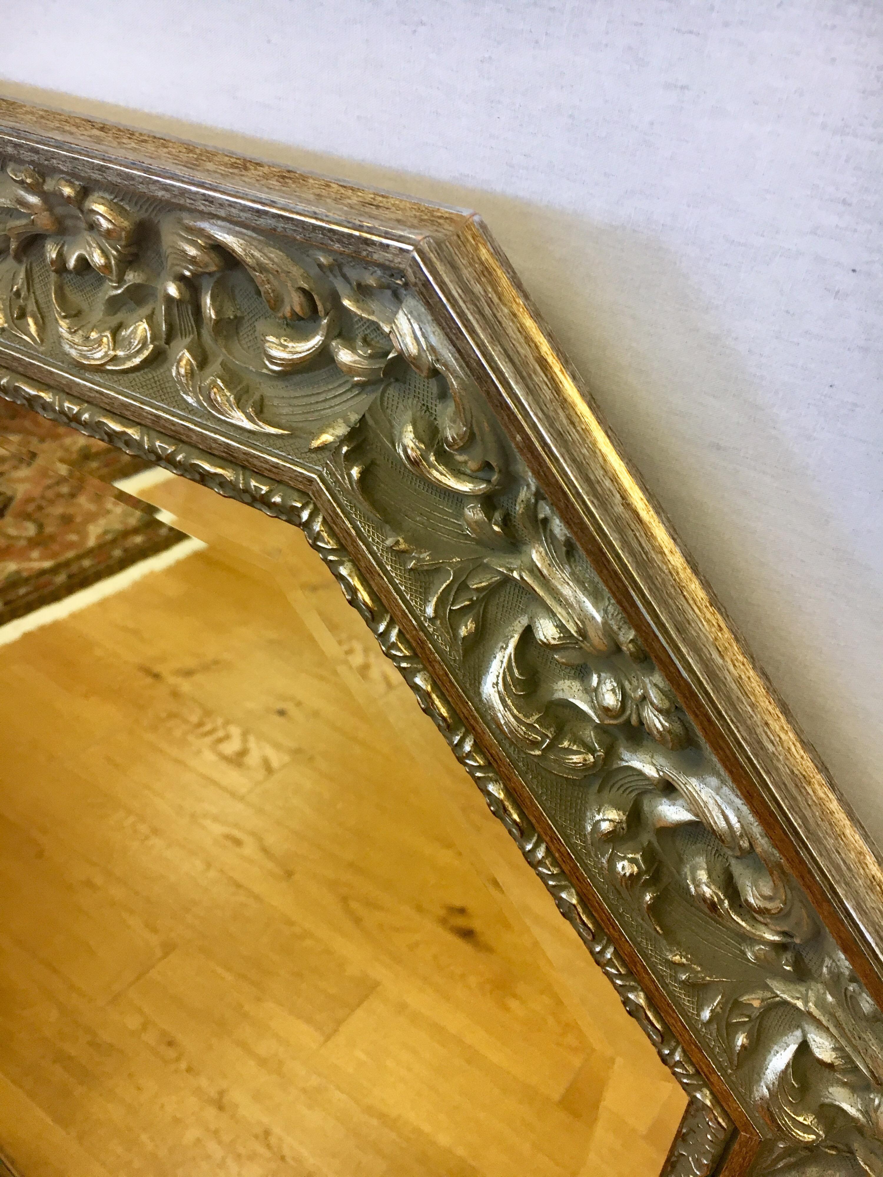 Octagonal Carved Beveled Hanging Wall Mirror Done in Gilt and Silver Color 1