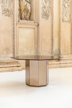 Octagonal Center Table by Romeo Rega, Brass & Smoked Glass, Circa 1970