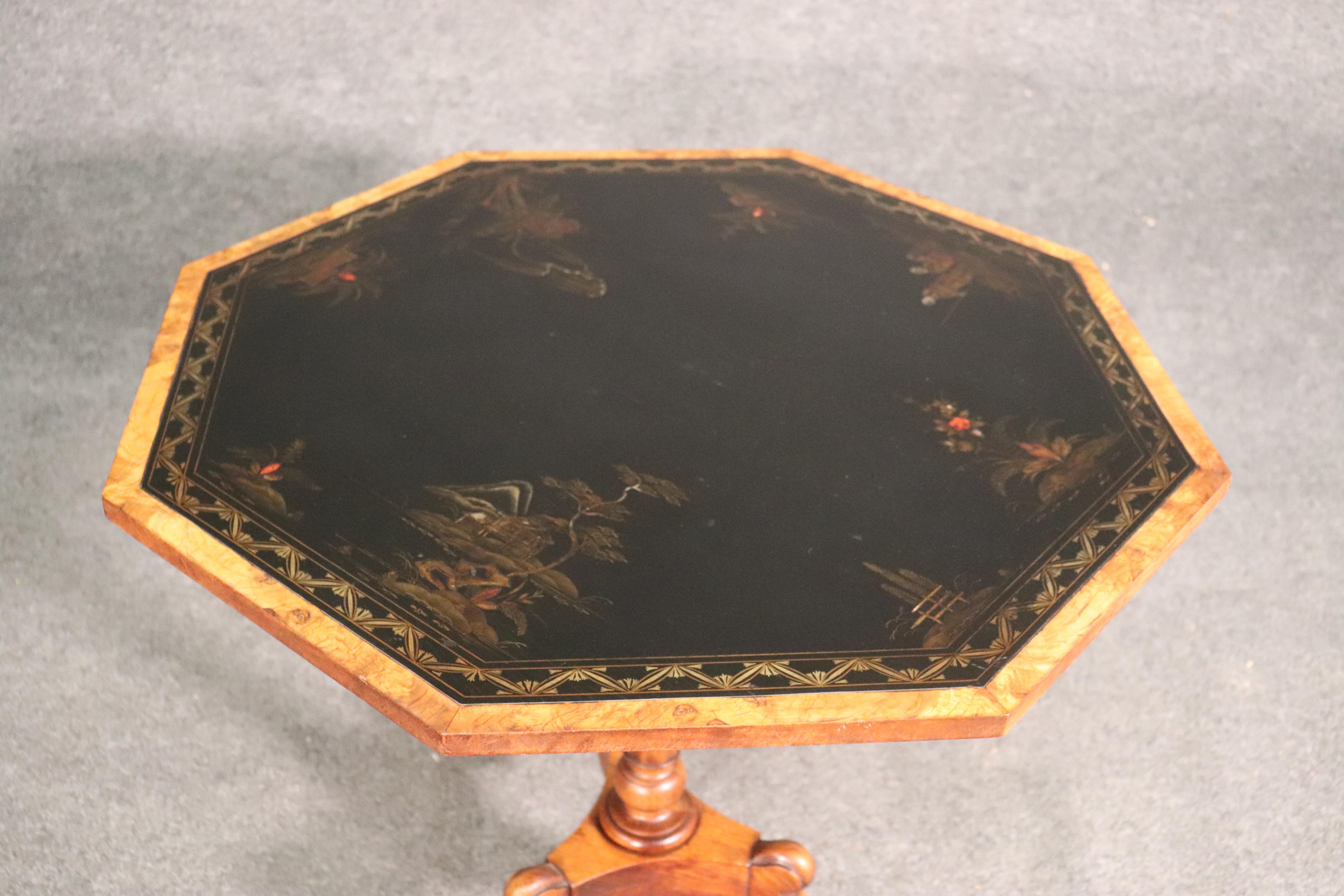 This is a fine quality chinoiserie paint decorated octangonal table. Perfect for use as a center table or occasional lamp table. The table is in good condition and features raised hand painted scenery. Measures: 29 wide x 29 wide x 28.25 tall.