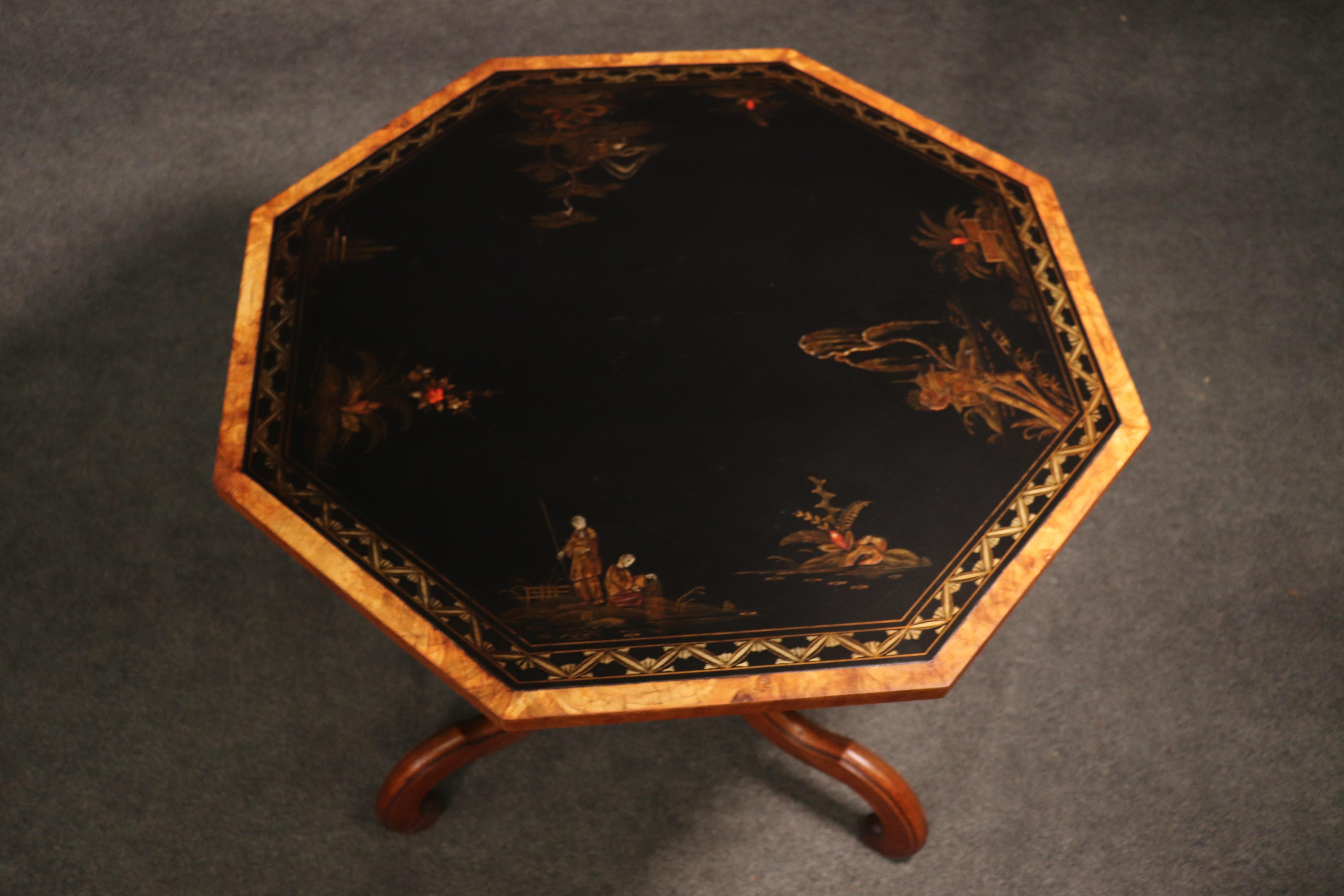 Octagonal Chinoiserie Paint Decorated Carved Walnut Center Occasional Table 2