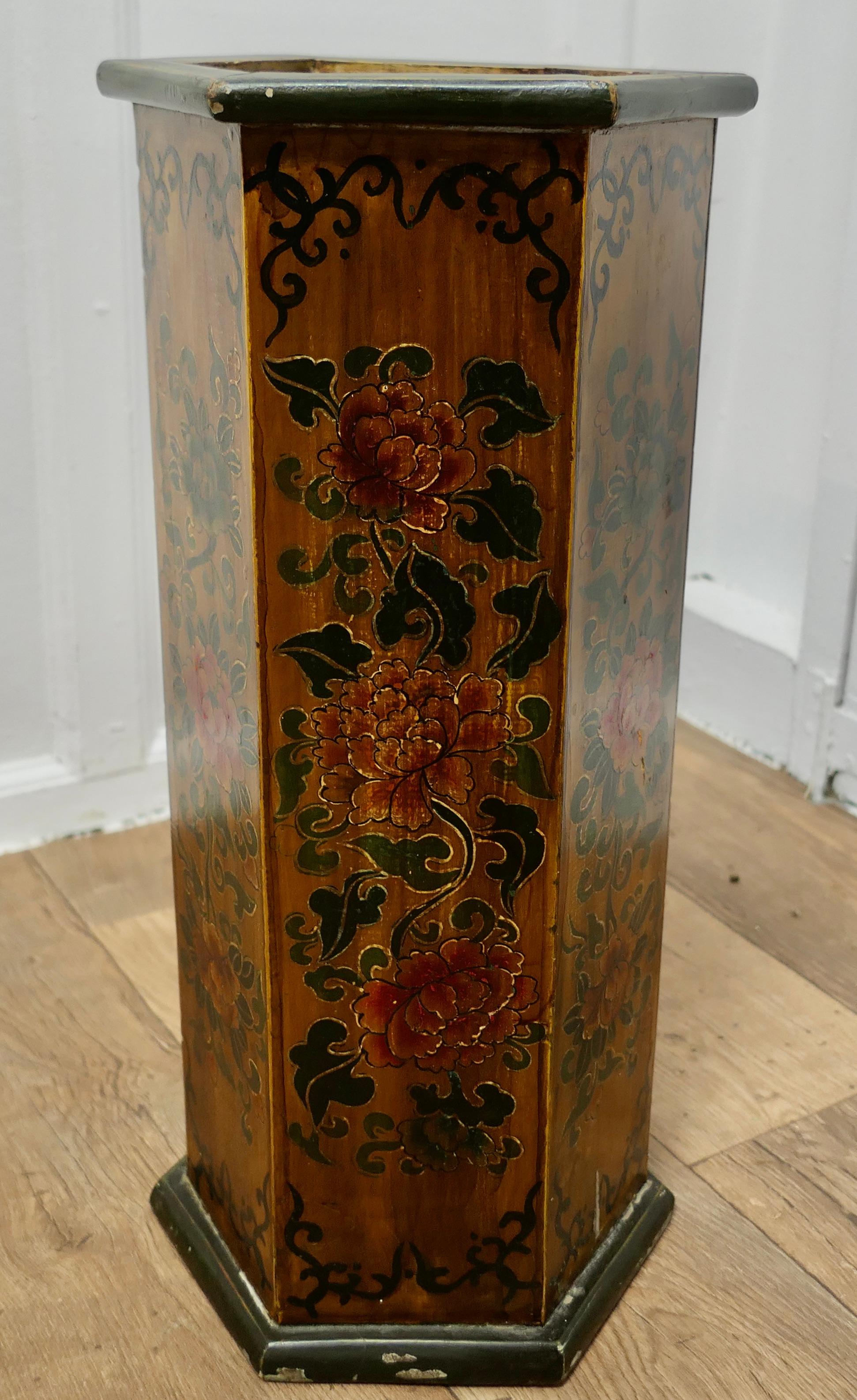 Early 20th Century Octagonal Chinoiserie Umbrella Stand  A very attractive piece made in wood and d For Sale