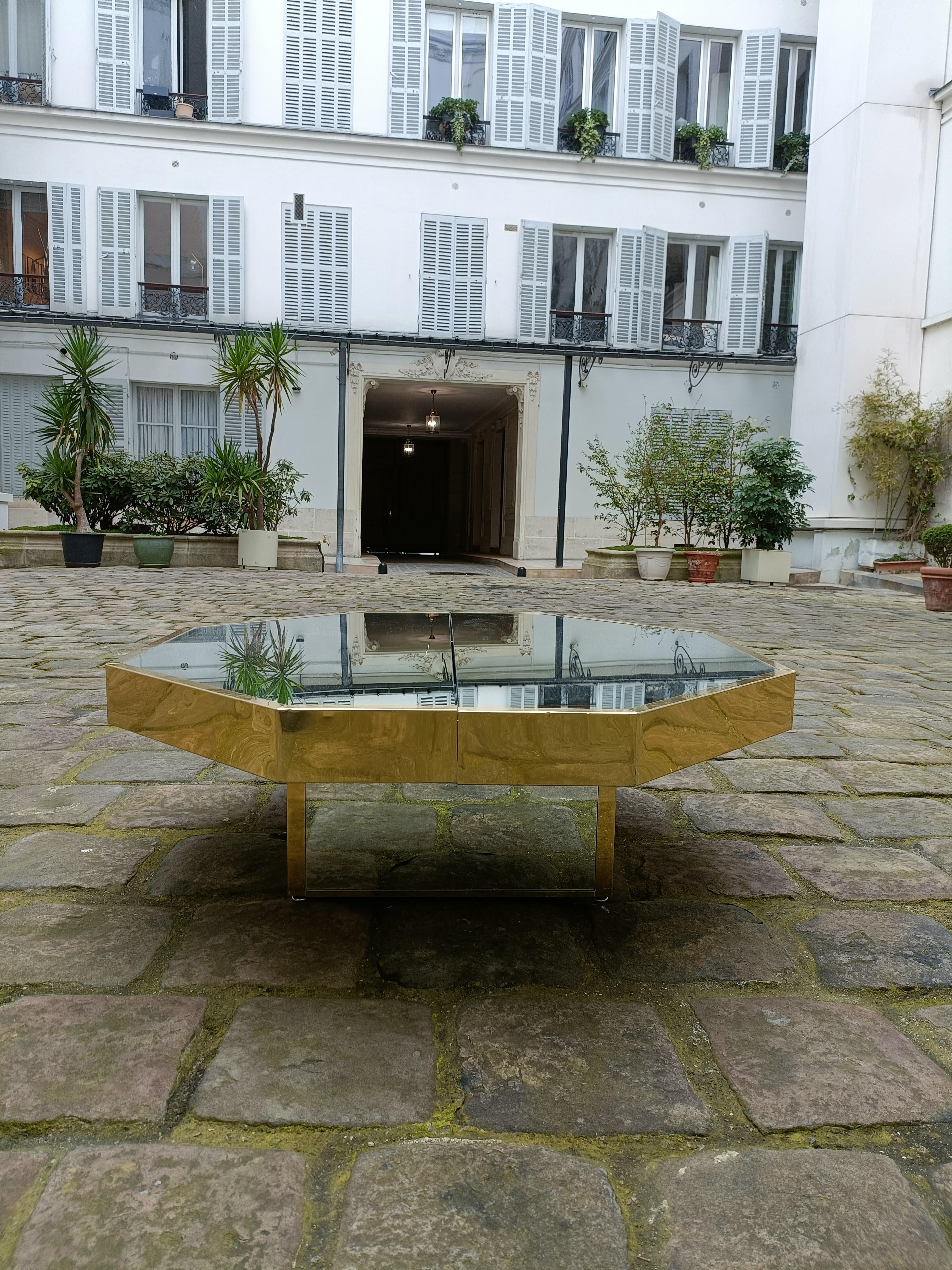 Italian Octagonal Coffee Table in Brass and Mirror, 1970 Attributed to Gabriella Crespi