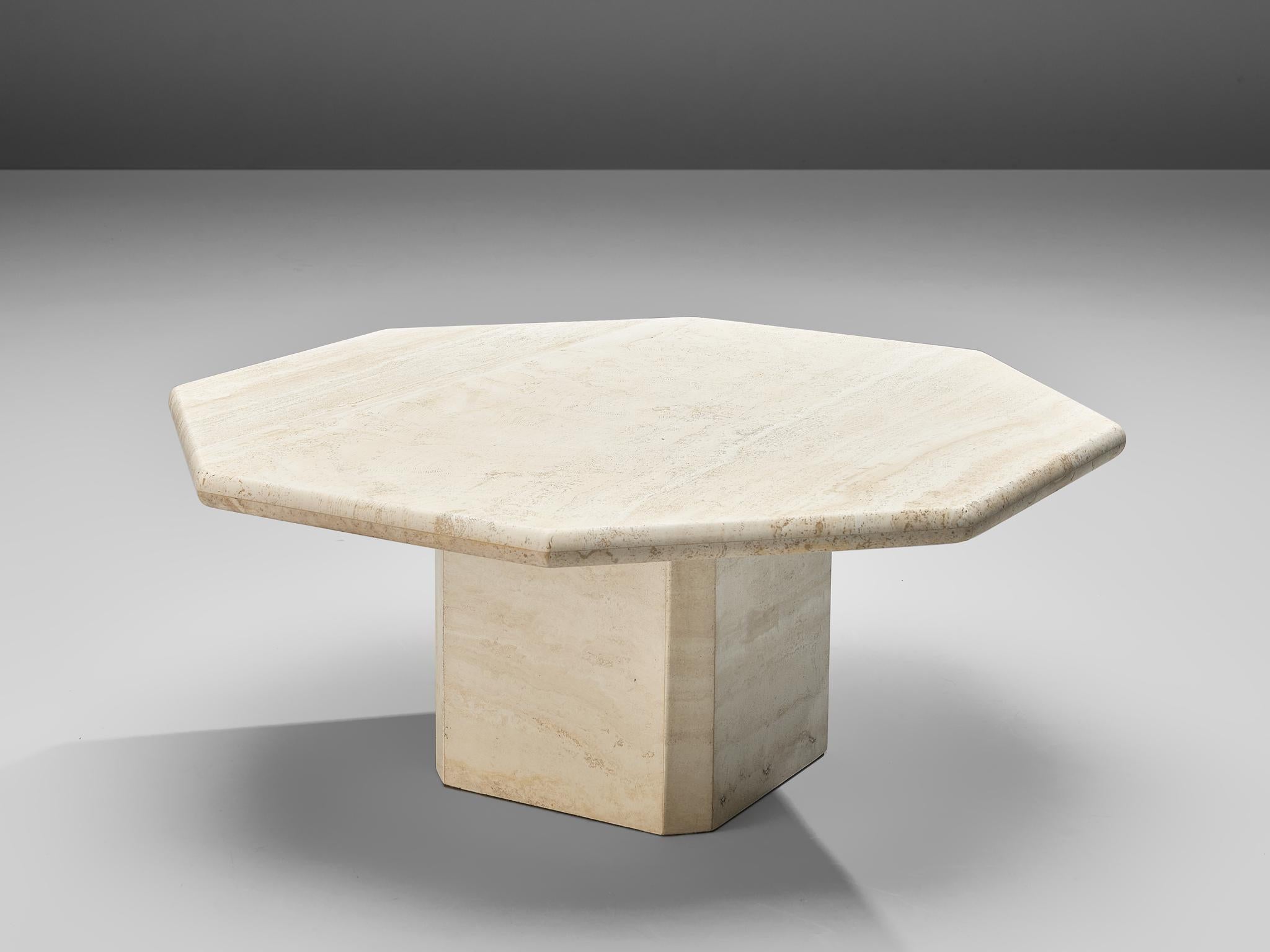 Coffee table, travertine, Europe, 1970s

This solid coffee table features an octogonal base and a thick polygonal tabletop. The bright travertine gives the table a sculptural look. The natural layers of the limestone structure the surface visually.

