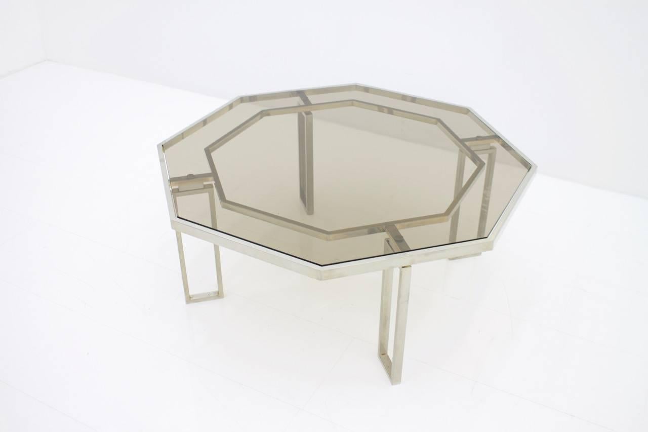 Hollywood Regency Octagonal Coffee Table with Metal Base and Glass Top, 1960s For Sale